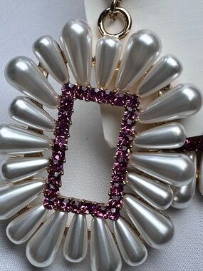 3.5” Elegant Faux White Pearl & Pink Crystal Drop Statement Earrings